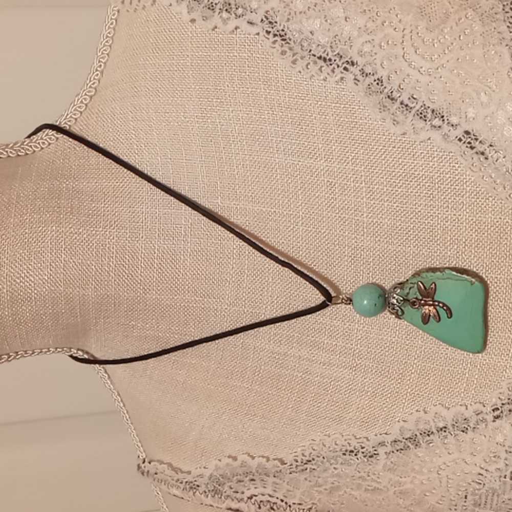 Bohemian Copper Dragonfly on Turquoise Stone with Black Cord Statement Necklace